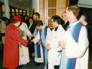 Members of the Ministerial Team of Christ the Cornerstone being presented to Her Majesty the Queen after the Dedication Service on 13 March 1992