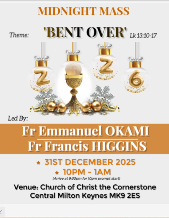 Poster advertising the Midnight Mass at the Church of Christ the Cornerstone, Central Milton Keynes, starting at 22:00 on 31st December 2025.